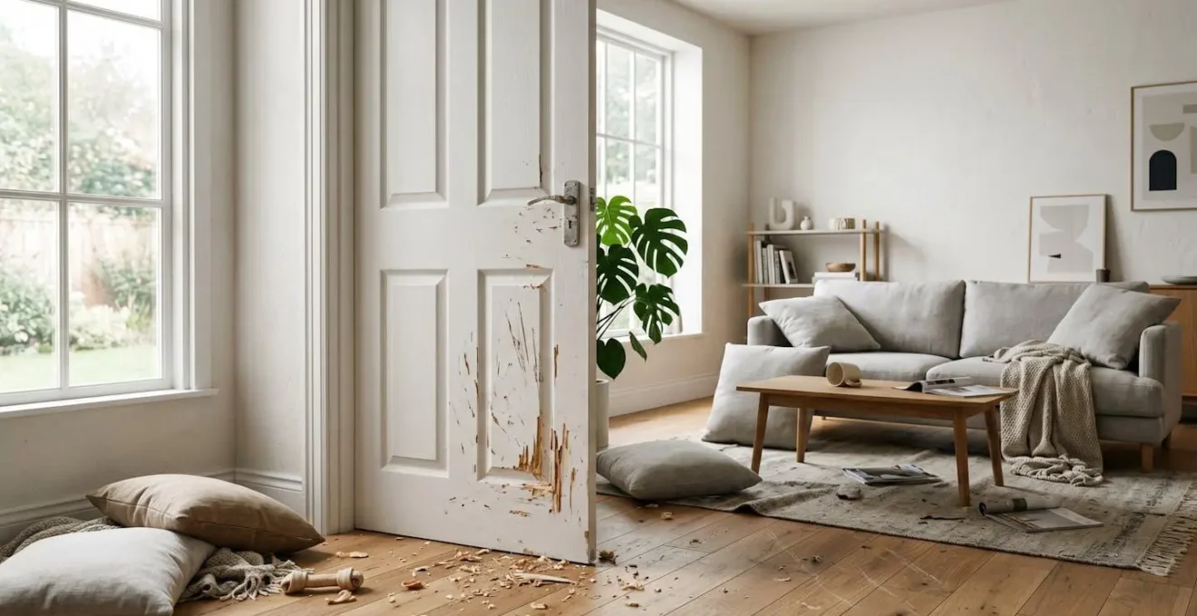 Propriétaire découvrant les dégâts causés par son chien anxieux dans son intérieur après une crise de panique