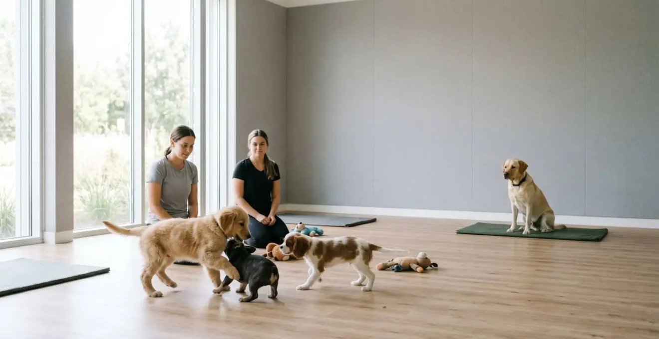 Chiots de différentes races en séance de socialisation avec éducateur