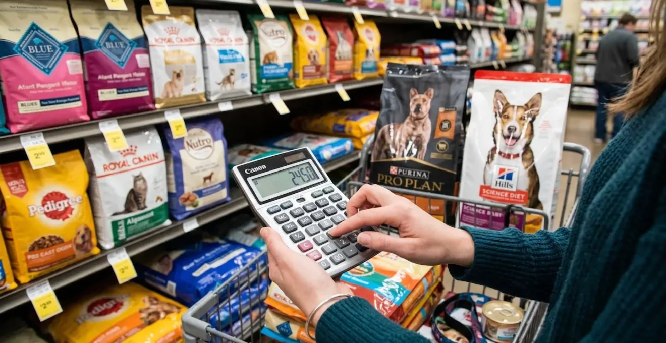 Mains tenant une calculatrice avec des sacs de croquettes en arrière-plan, symbolisant le calcul des économies.
