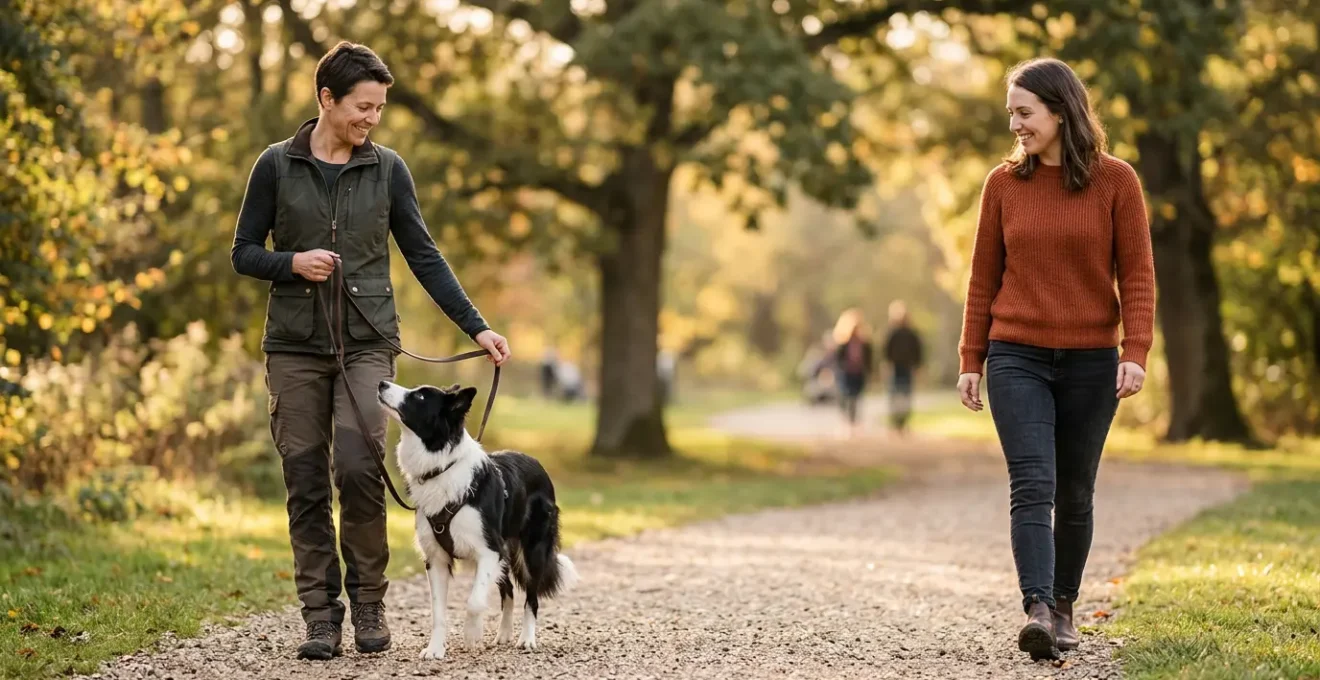 Éducateur canin travaillant avec un chien et son propriétaire dans un parc