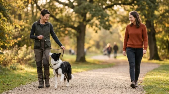 Éducateur canin travaillant avec un chien et son propriétaire dans un parc