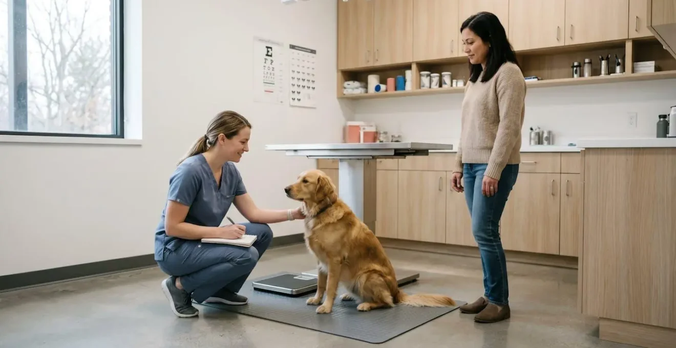 Vétérinaire effectuant une évaluation comportementale d'un chien dans un cabinet