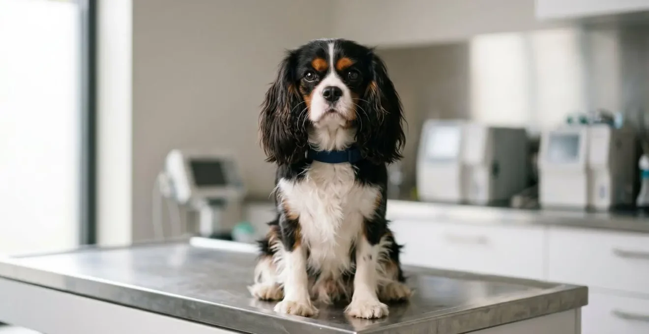 Cavalier King Charles lors d'un examen cardiaque préventif avec équipement vétérinaire moderne en arrière-plan flou