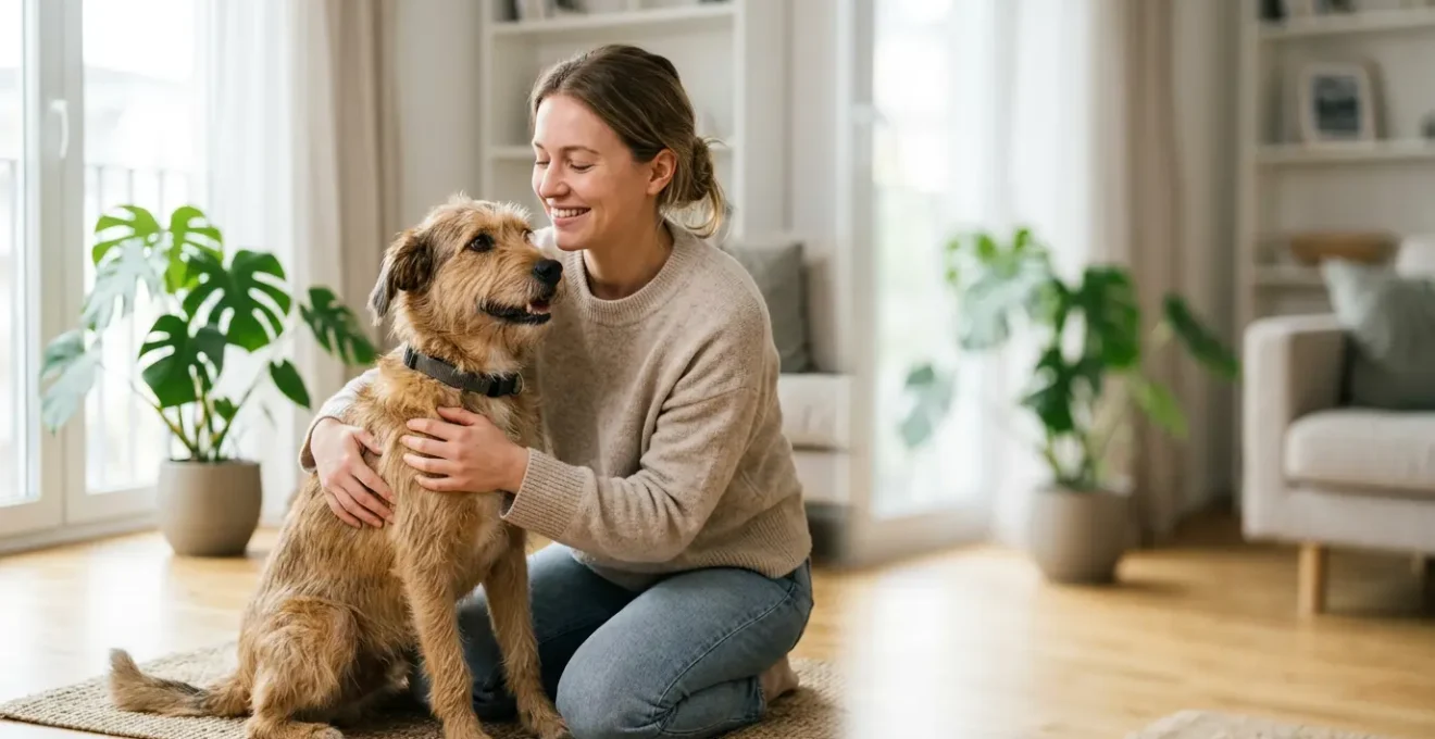 Propriétaire souriant avec son chien en bonne santé, symbolisant la tranquillité d'esprit d'une assurance abordable