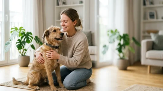 Propriétaire souriant avec son chien en bonne santé, symbolisant la tranquillité d'esprit d'une assurance abordable