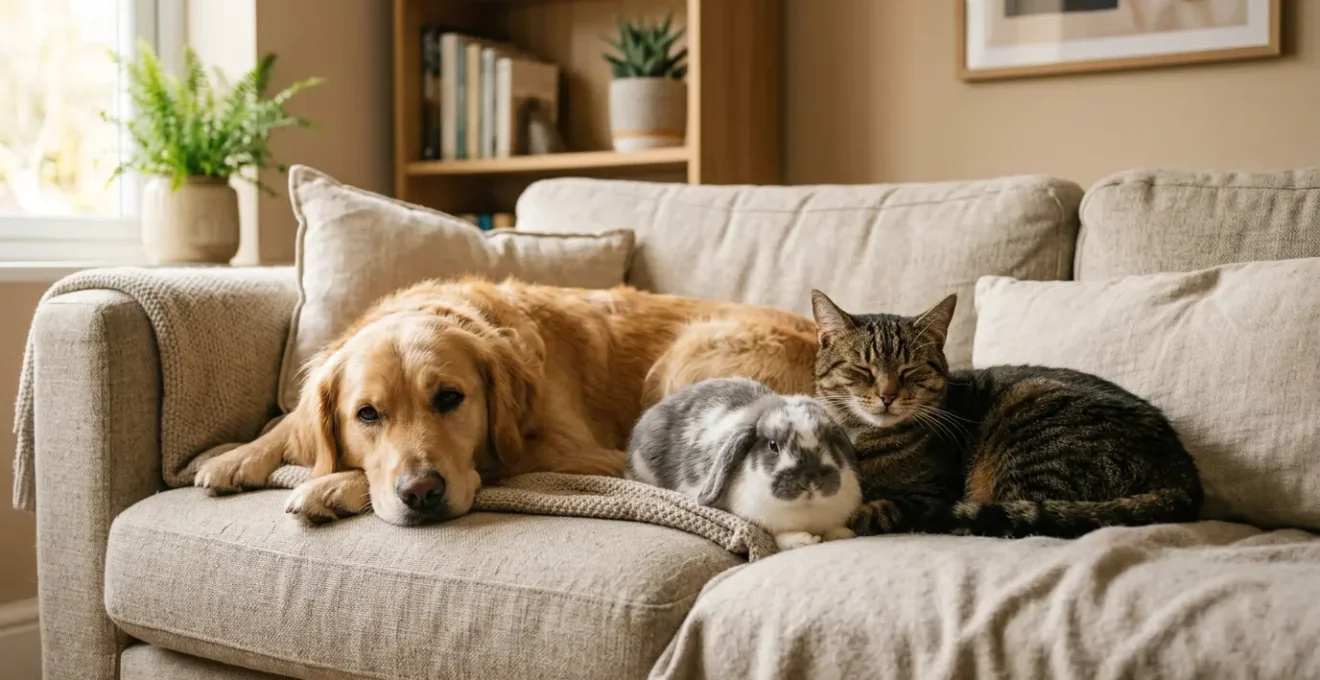 Famille avec chien, chat et lapin ensemble dans un environnement chaleureux