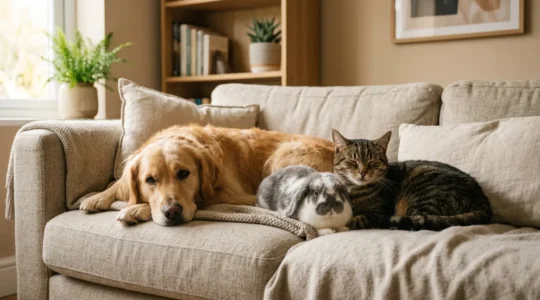 Famille avec chien, chat et lapin ensemble dans un environnement chaleureux