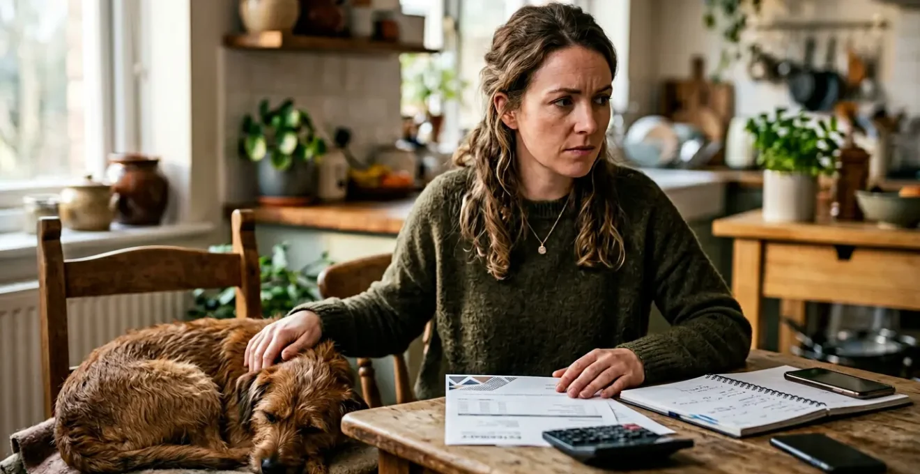 Propriétaire de chien consultant un devis vétérinaire avec calculatrice et documents d'assurance animaux