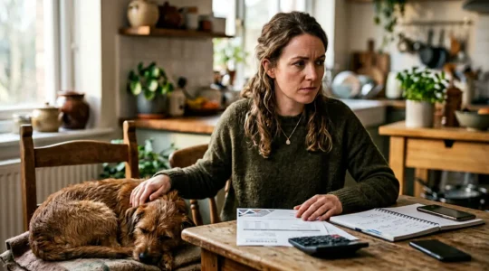 Propriétaire de chien consultant un devis vétérinaire avec calculatrice et documents d'assurance animaux