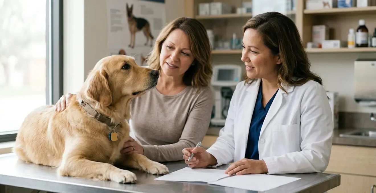 Consultation vétérinaire avec un golden retriever et son propriétaire examinant des documents d'assurance animaux