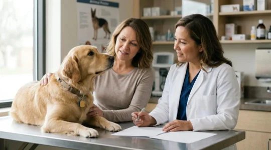 Consultation vétérinaire avec un golden retriever et son propriétaire examinant des documents d'assurance animaux