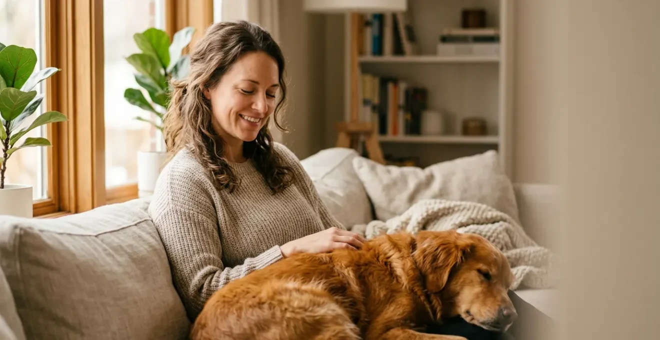Propriétaire serein avec son animal de compagnie illustrant la tranquillité d'esprit financière