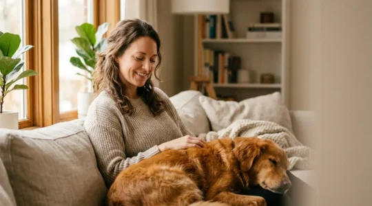 Propriétaire serein avec son animal de compagnie illustrant la tranquillité d'esprit financière