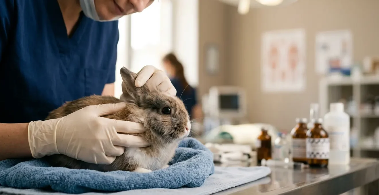 Examen dentaire d'un lapin nain lors d'une consultation vétérinaire spécialisée