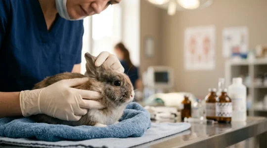 Examen dentaire d'un lapin nain lors d'une consultation vétérinaire spécialisée