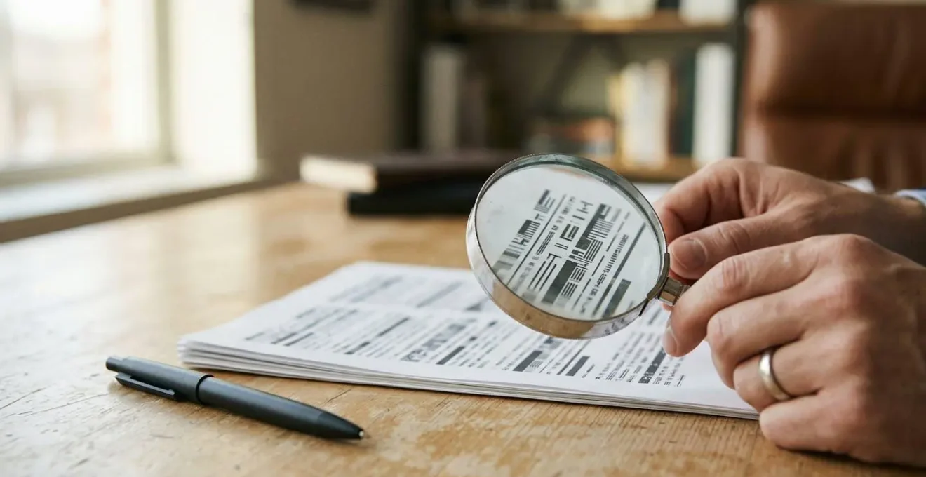 Personne analysant un document de contrat d'assurance avec une loupe sur un bureau épuré