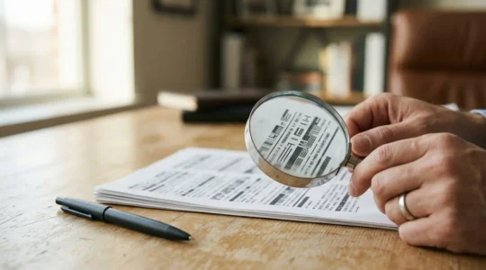 Personne analysant un document de contrat d'assurance avec une loupe sur un bureau épuré