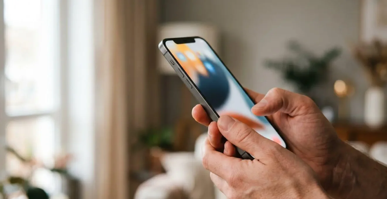 Main tenant un smartphone avec interface de mise à jour de coordonnées, symbolisant la mise à jour des informations I-CAD
