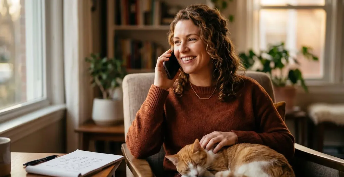 Personne au téléphone avec des notes manuscrites floues et un chat sur les genoux