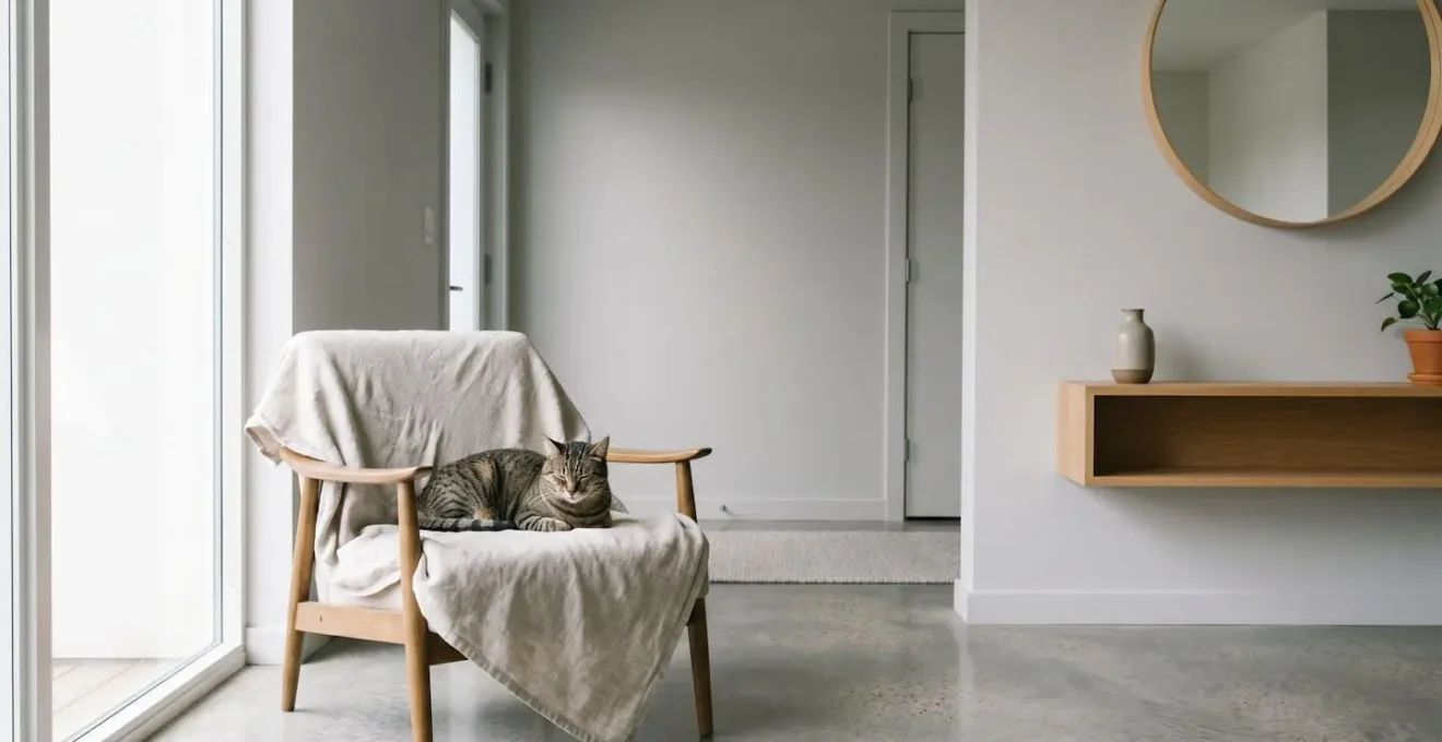 Scène minimaliste montrant un environnement domestique calme avec espace pour la réflexion sur les choix d'assurance