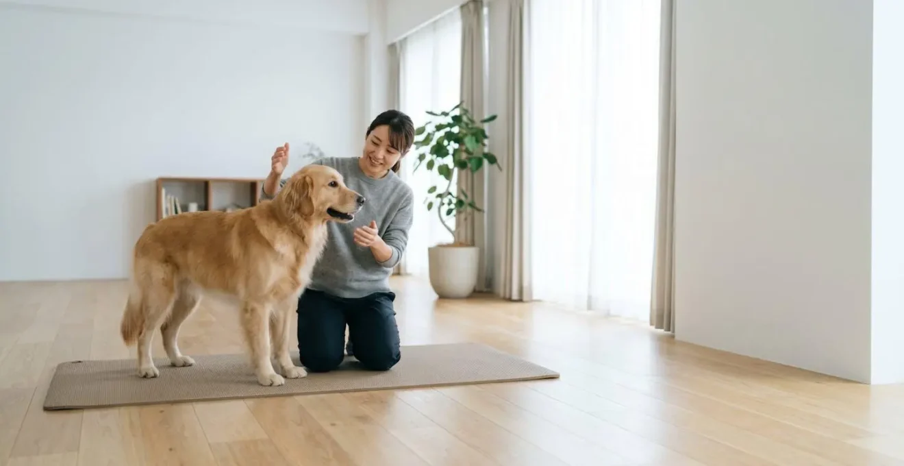 Chien en rééducation avec propriétaire faisant des exercices thérapeutiques doux à domicile