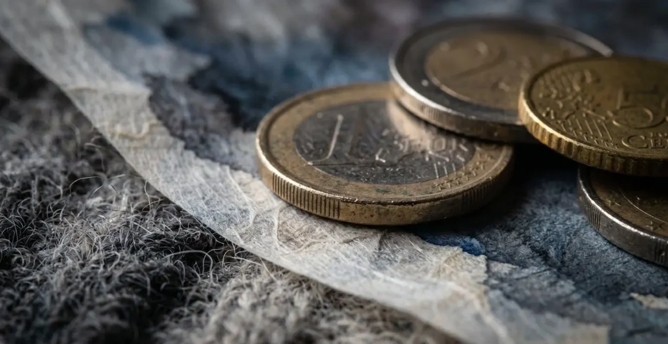Image abstraite de plusieurs couches de matériaux texturés symbolisant des réserves financières se chevauchant et leur vulnérabilité.