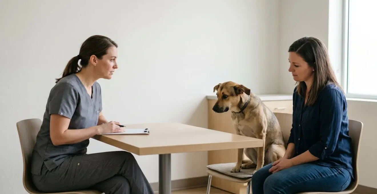 Vétérinaire comportementaliste réalisant un bilan comportemental avec un chien et son propriétaire