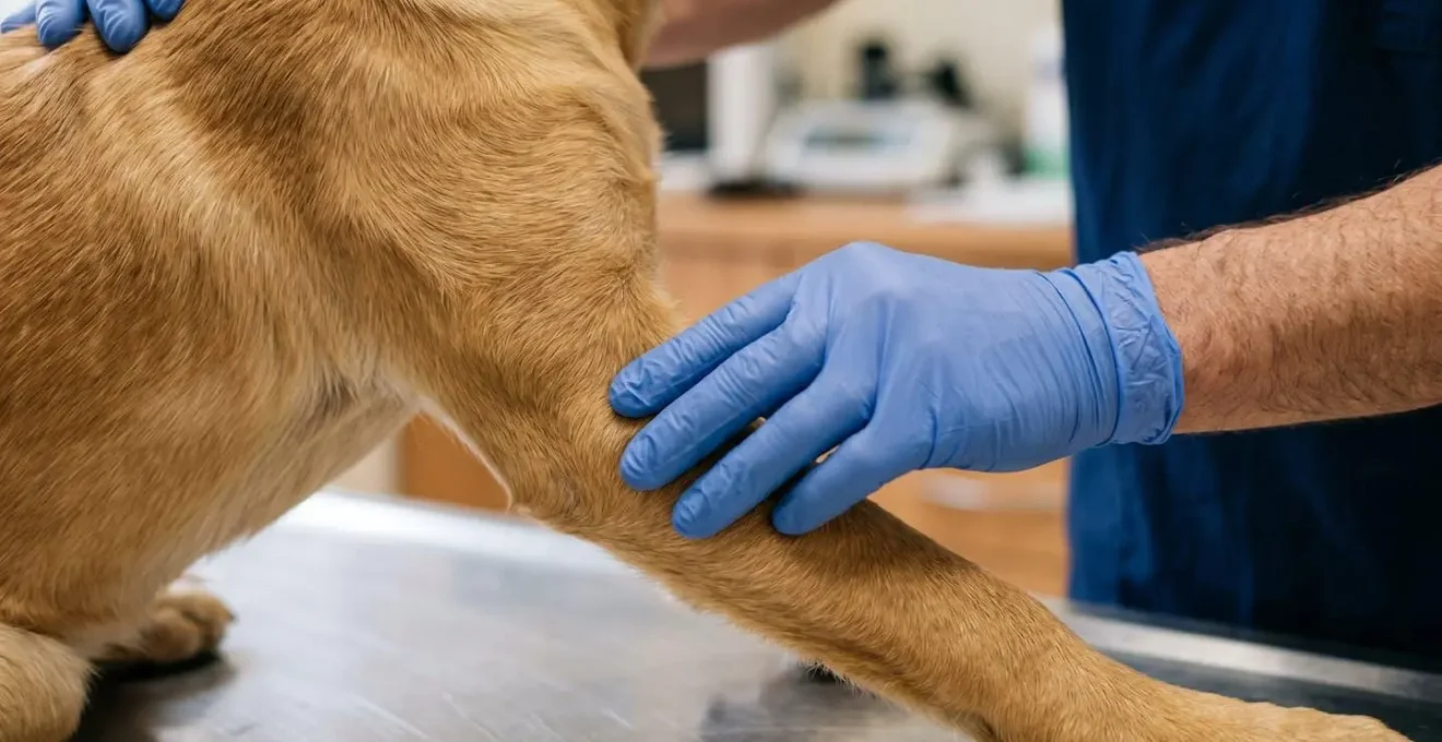 Vétérinaire comportementaliste effectuant un examen médical approfondi d'un chien pour établir un diagnostic différentiel