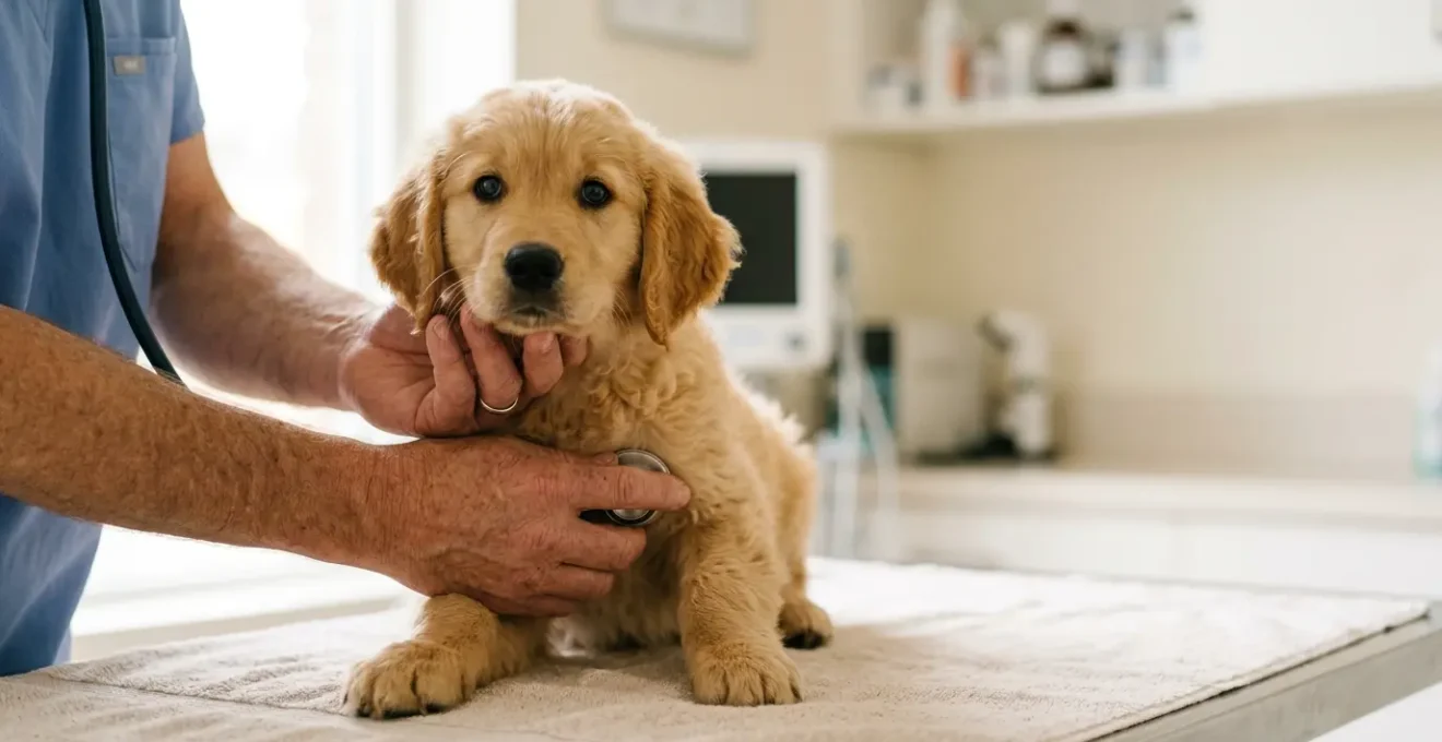 Chiot de race LOF examiné par un vétérinaire, illustrant la protection entre garanties légales et assurance santé