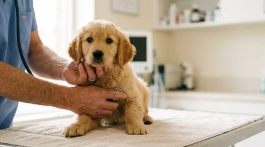 Chiot de race LOF examiné par un vétérinaire, illustrant la protection entre garanties légales et assurance santé