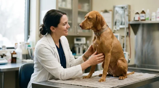 Vétérinaire examinant attentivement un chien lors d'une consultation préventive de santé
