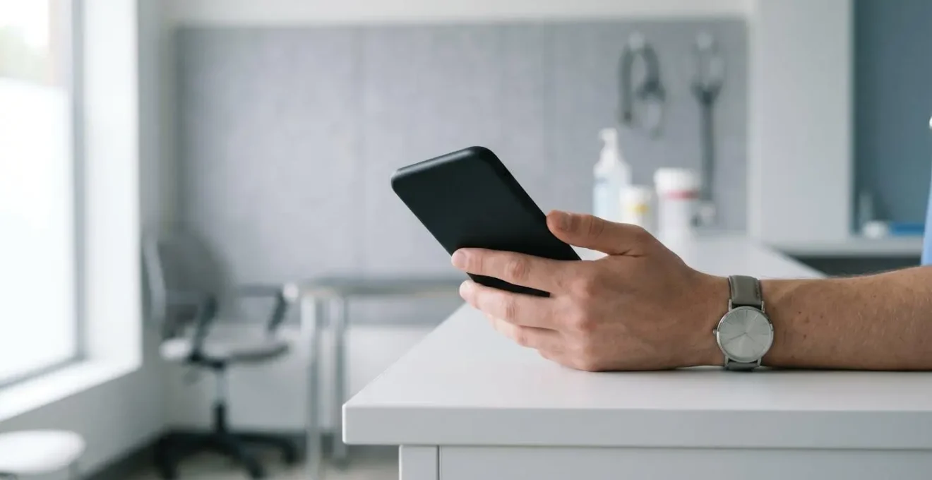 Main tenant un smartphone montrant une interface d'application vétérinaire sans texte visible